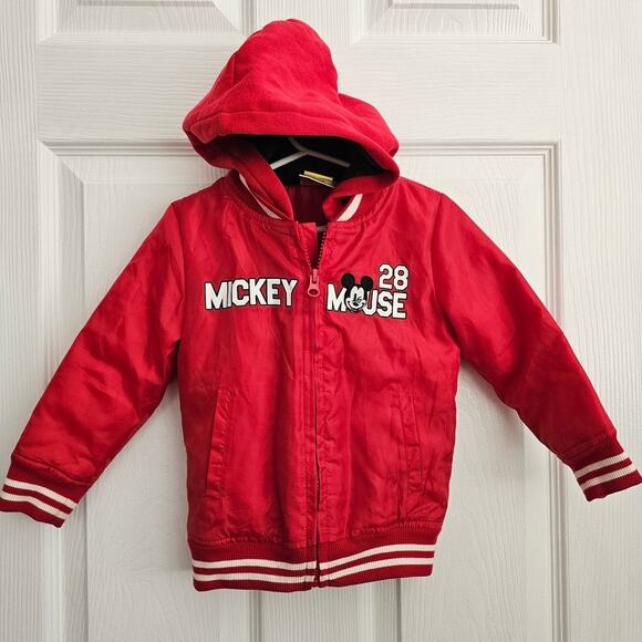 Disney Vintage Mickey Mouse UNISEX Varsity Jacket Hood Red White Stripes Sz 2T - Picture 2 of 3